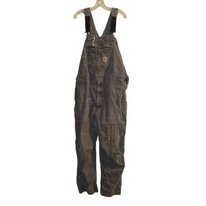 Carhartt Destroyed Duck Bibb Overalls Gray Denim Distressed Carpenter size 46x30